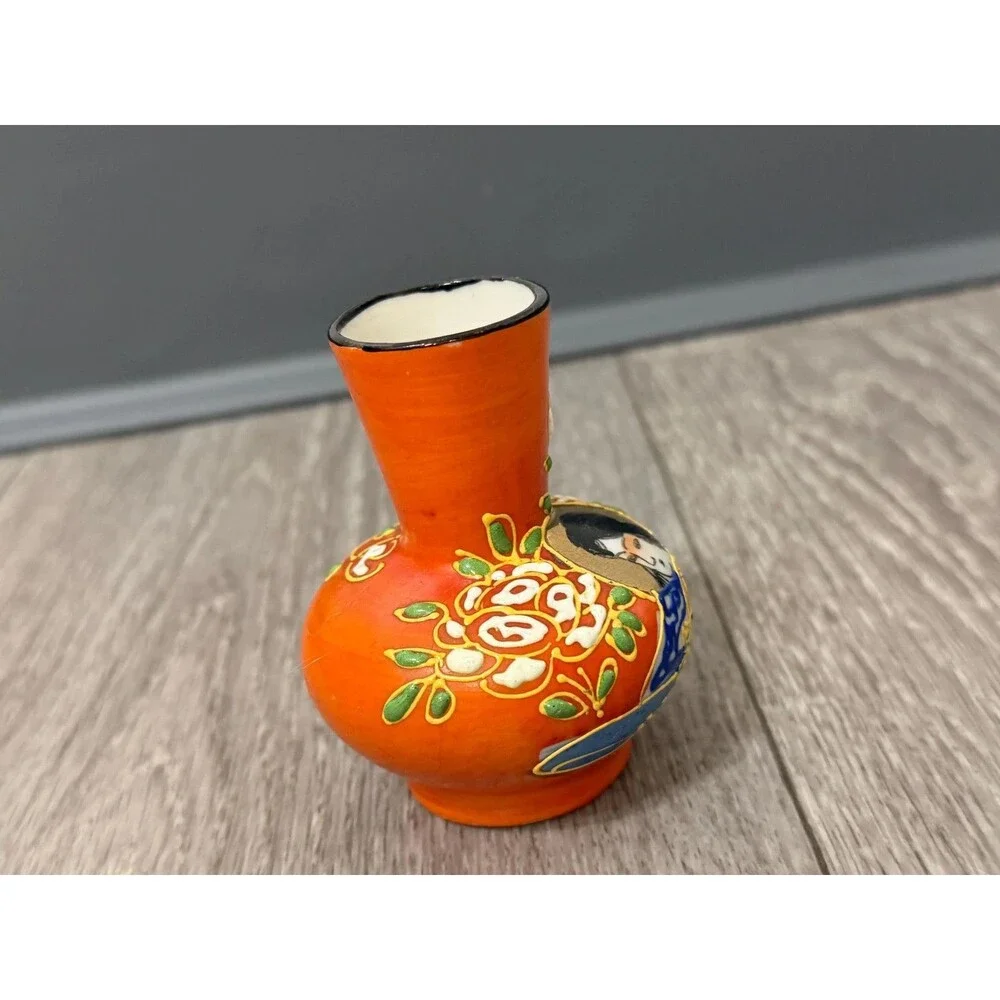 Vintage Japanese Moriage Bud Vase Geisha Girl Hand Painted Orange Miniature